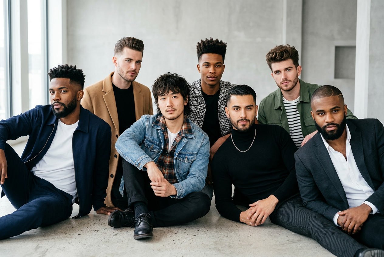 Seven men with different hairstyles posing together in a studio setting.