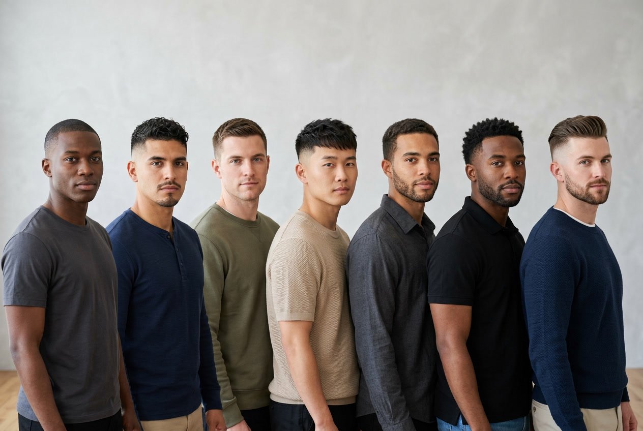 Seven men with short hairstyles posing together in a well-lit studio with a plain background.