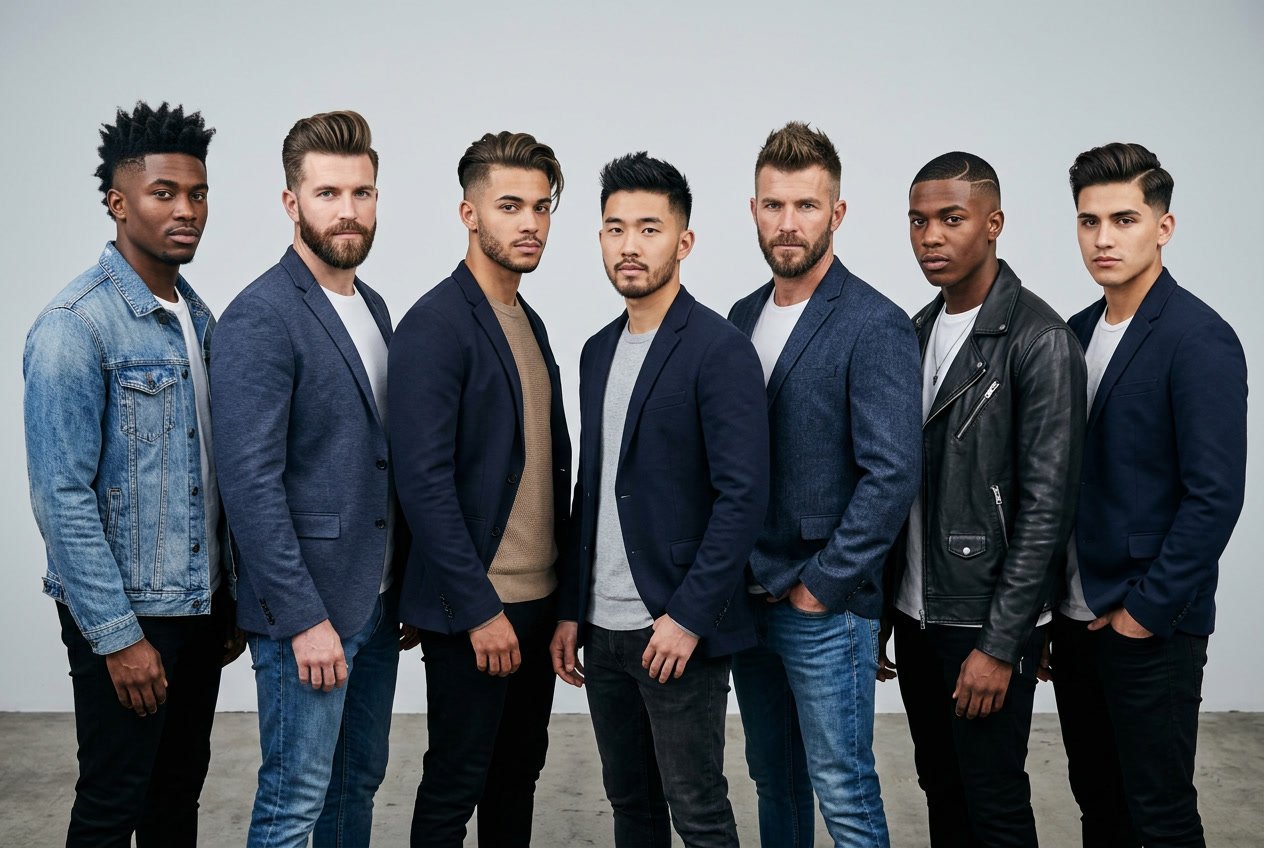 Seven men standing together in a studio, each with a different modern haircut and wearing fashionable clothing.