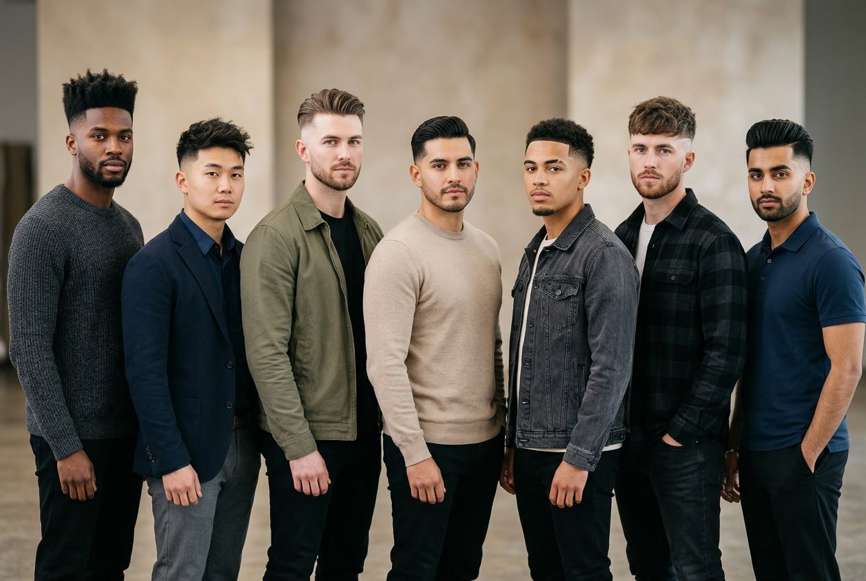 Seven men with modern haircuts posing together in a studio with a neutral background.