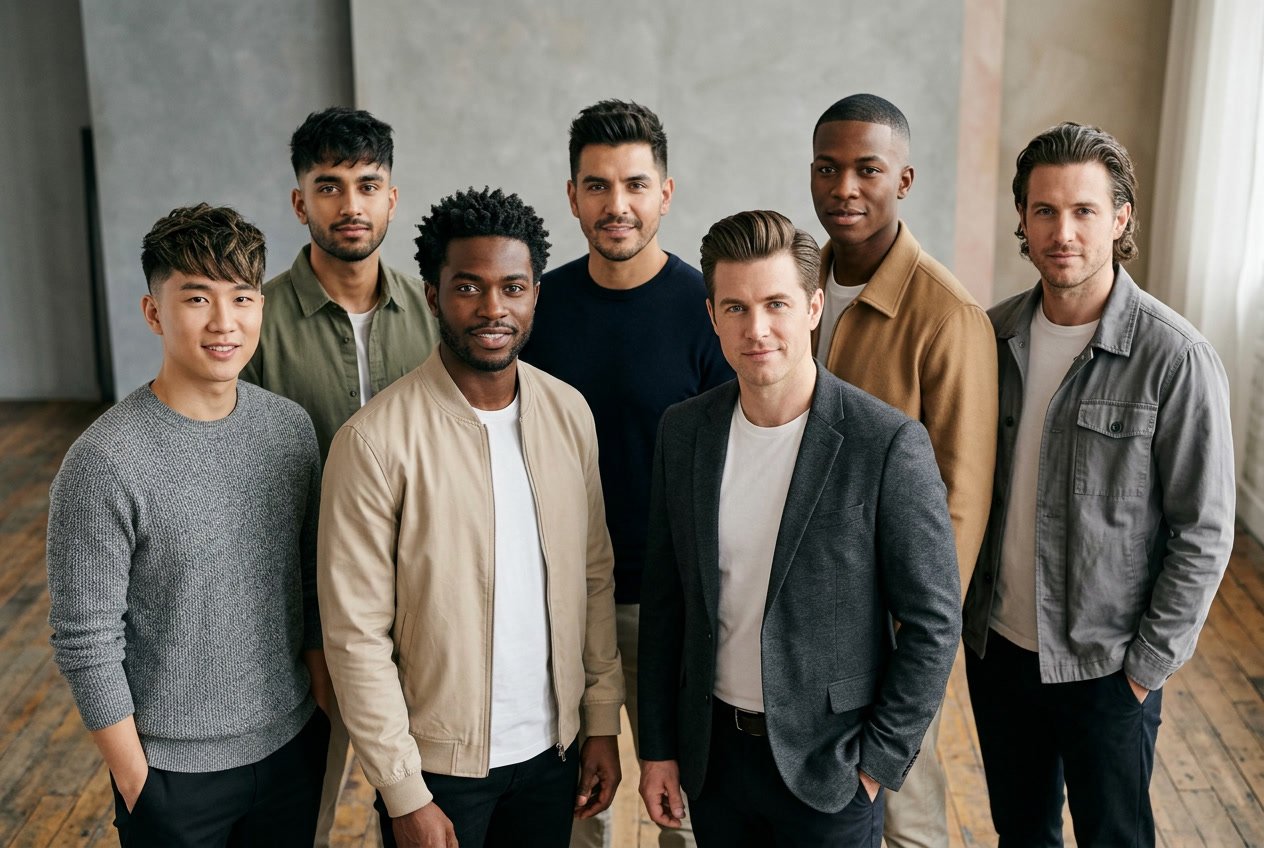 Seven men standing together in a studio, each with a different stylish haircut, dressed in smart-casual clothing against a plain background.