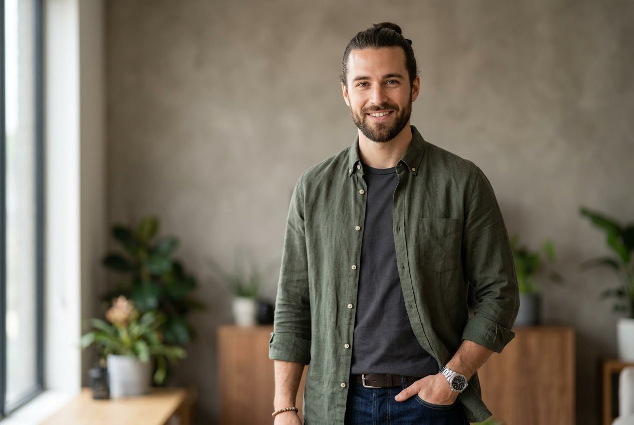 A man with long hair tied in a bun, wearing a casual outfit, standing against a plain background.