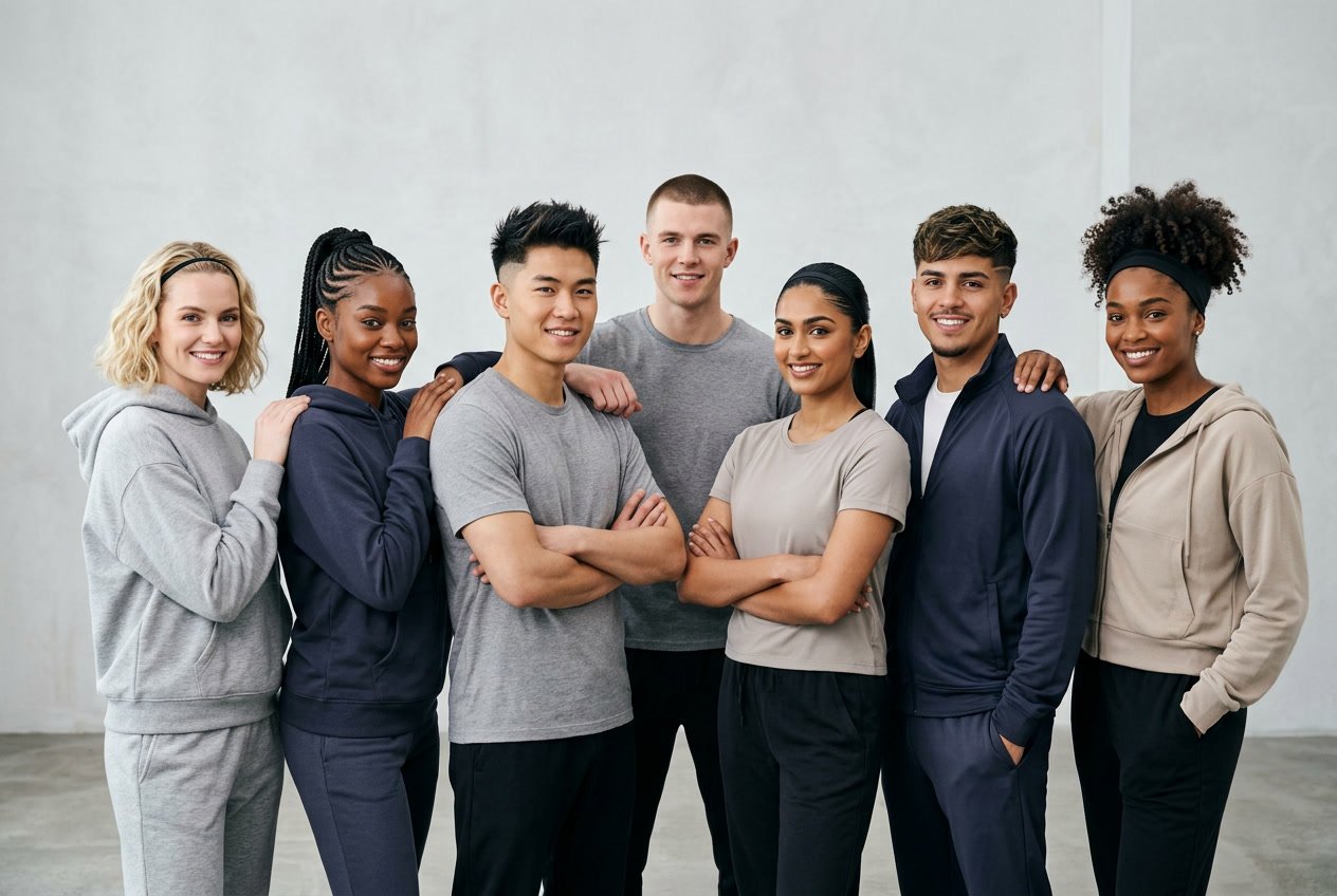 A group of seven young adults posing together in a bright studio, each with a different hairstyle, smiling and looking confident.