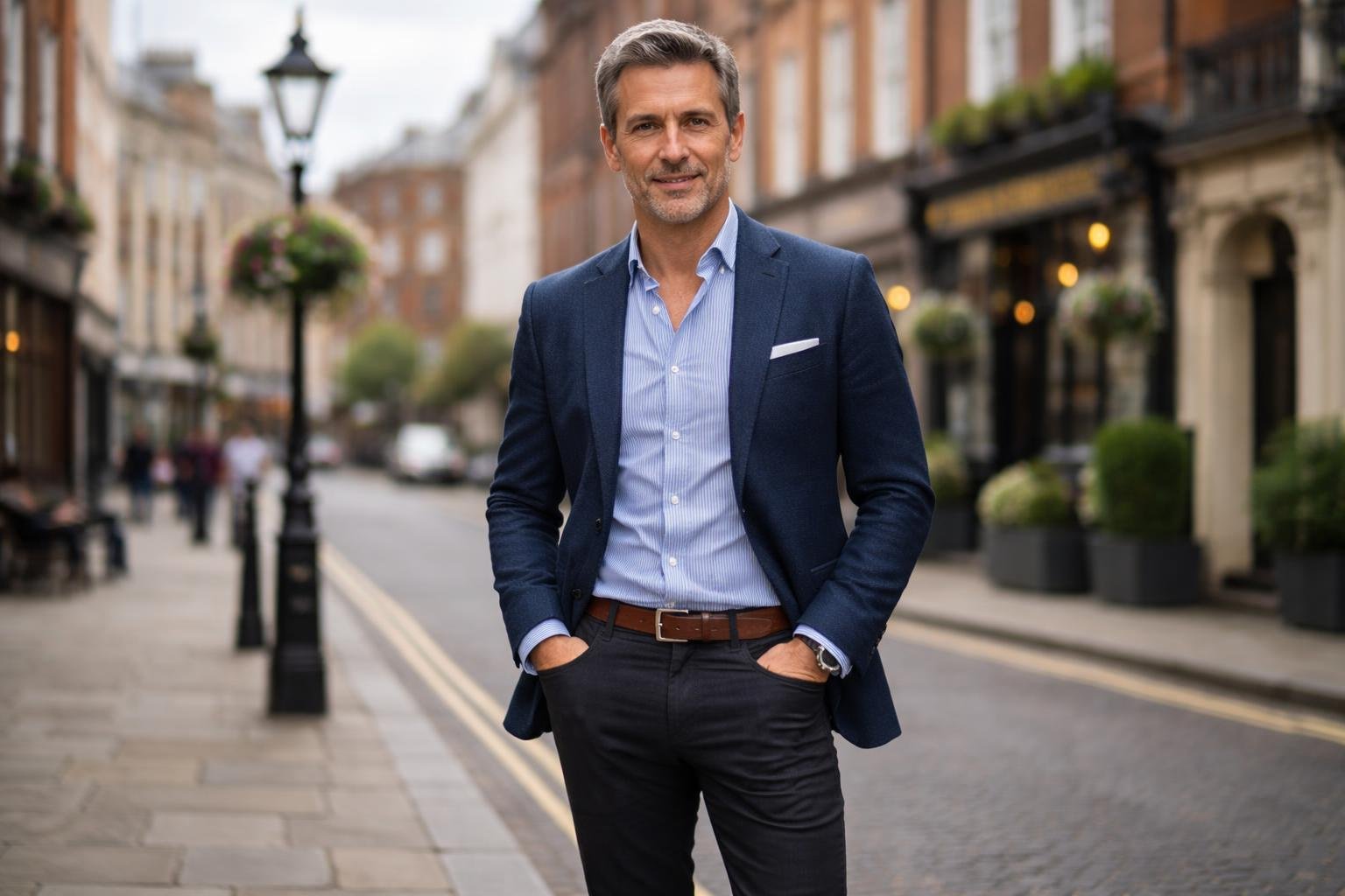A middle-aged man standing on a street with British buildings in the background, wearing smart casual clothing.