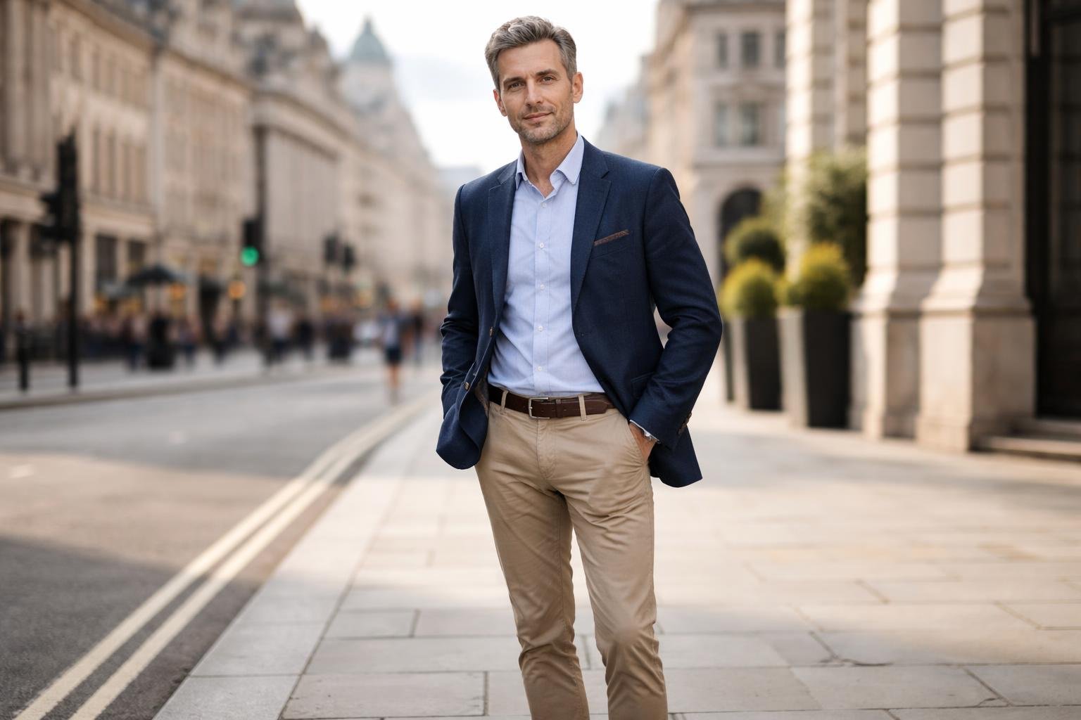 A middle-aged man standing outdoors in a city, wearing a blazer and chinos with a calm expression.