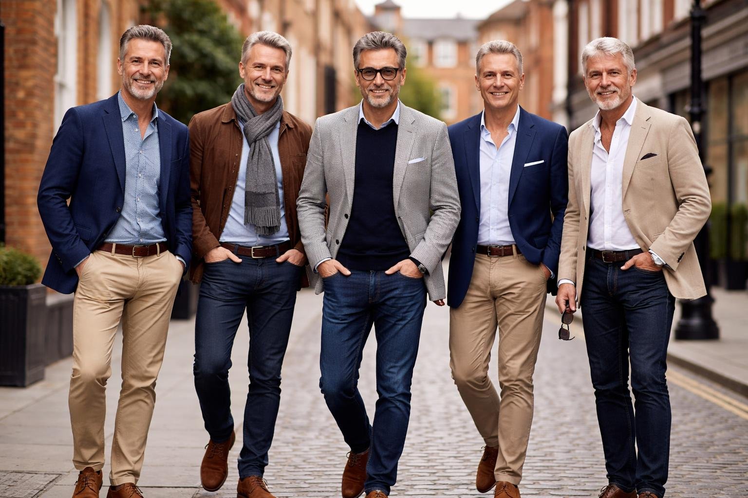 A group of middle-aged men standing outdoors in a city setting, wearing a variety of smart and casual outfits.