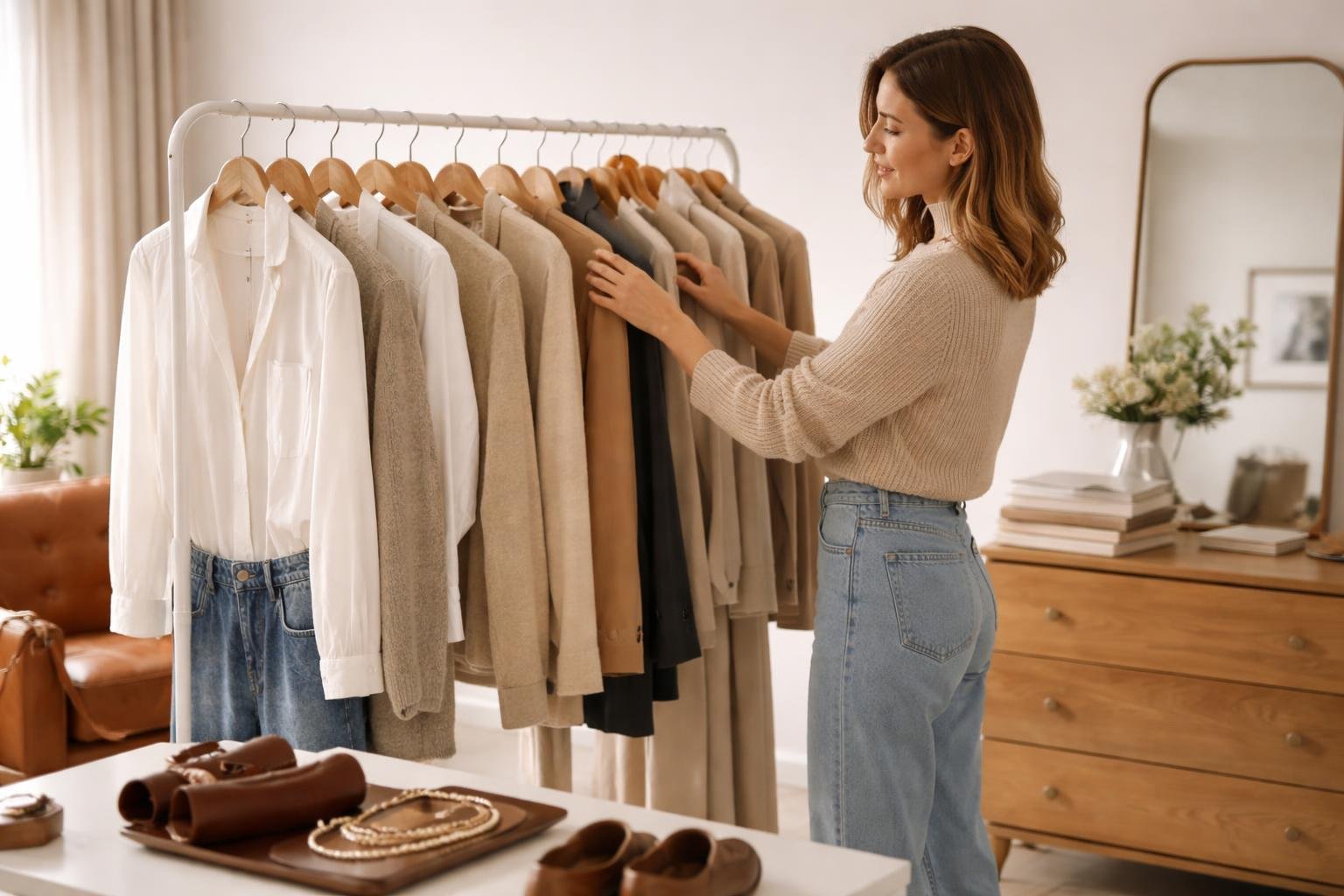 A person choosing clothes from a neatly organised wardrobe in a bright, modern bedroom with classic clothing and accessories arranged around.