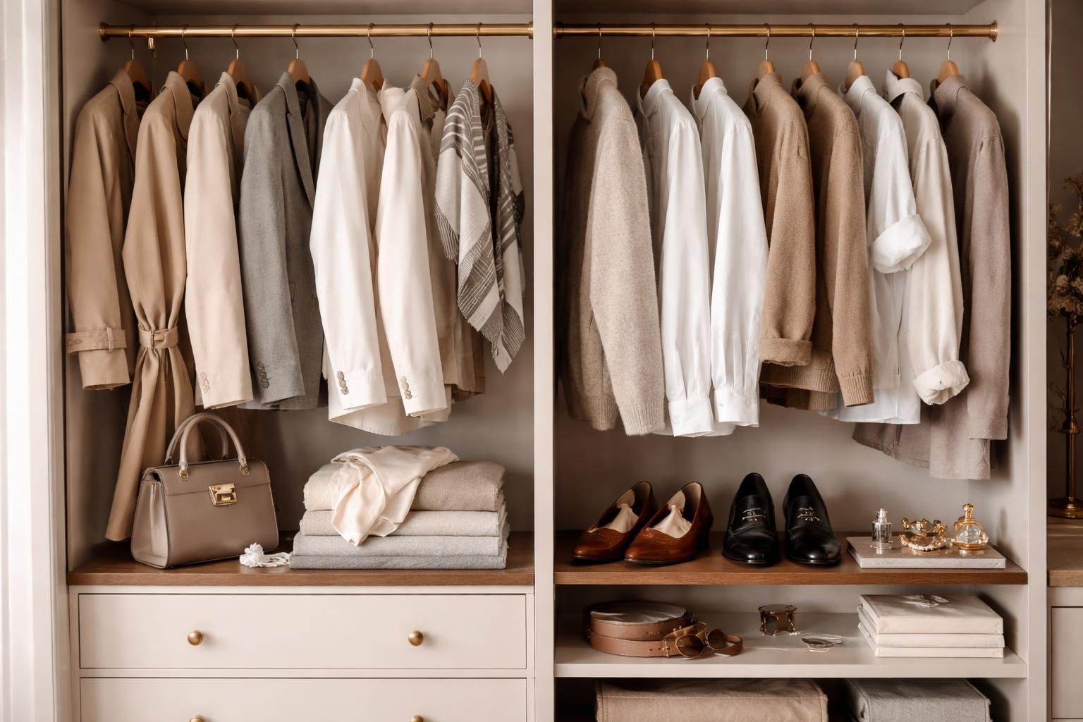 A neatly arranged wardrobe with elegant clothing and accessories displayed in a bright, clean room.