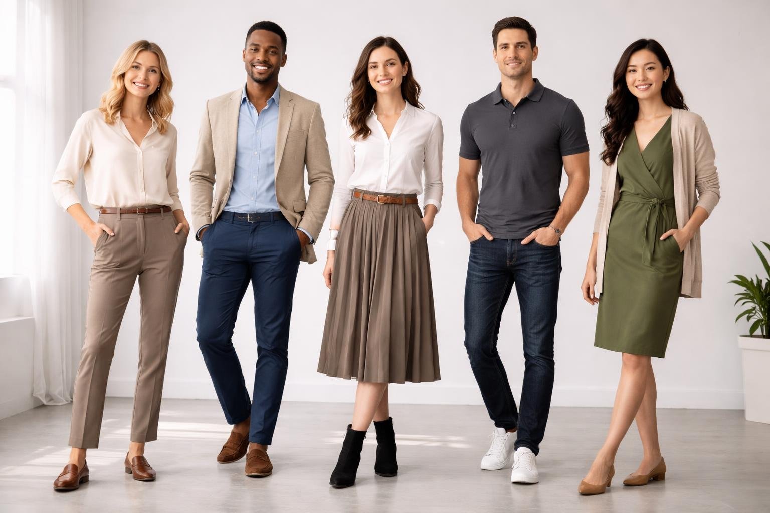 Five people standing together wearing different smart casual outfits in a studio with a plain background.