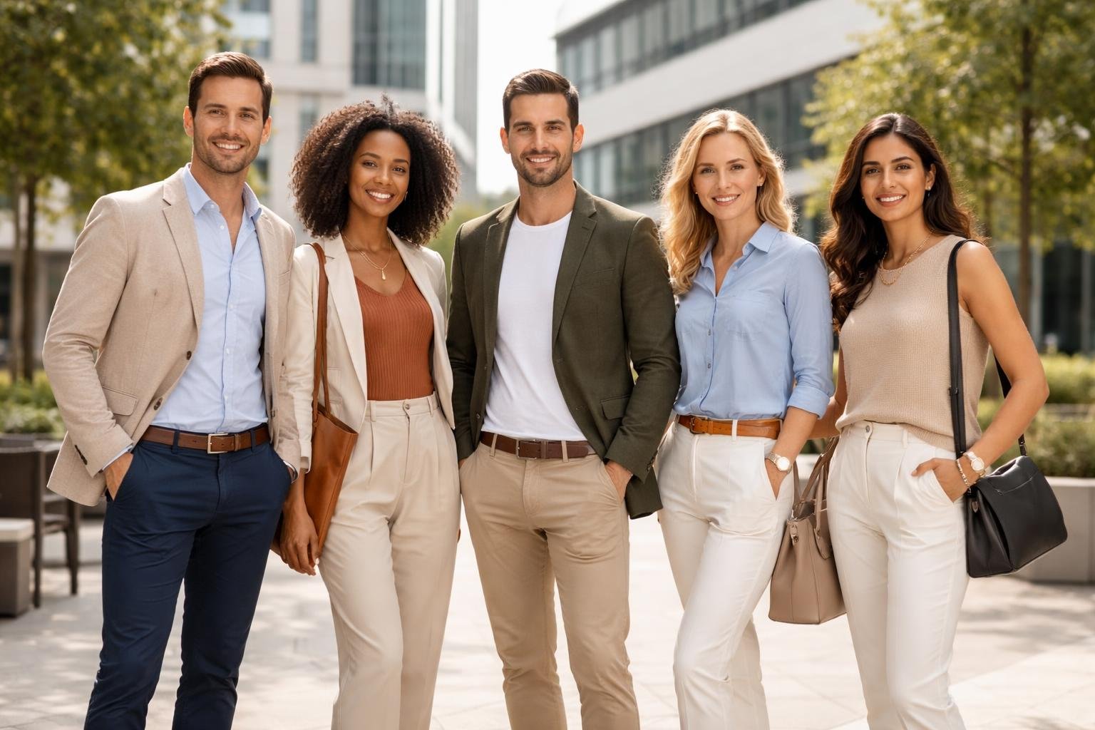 Five adults standing outdoors in modern city surroundings wearing smart casual clothes, smiling and interacting.