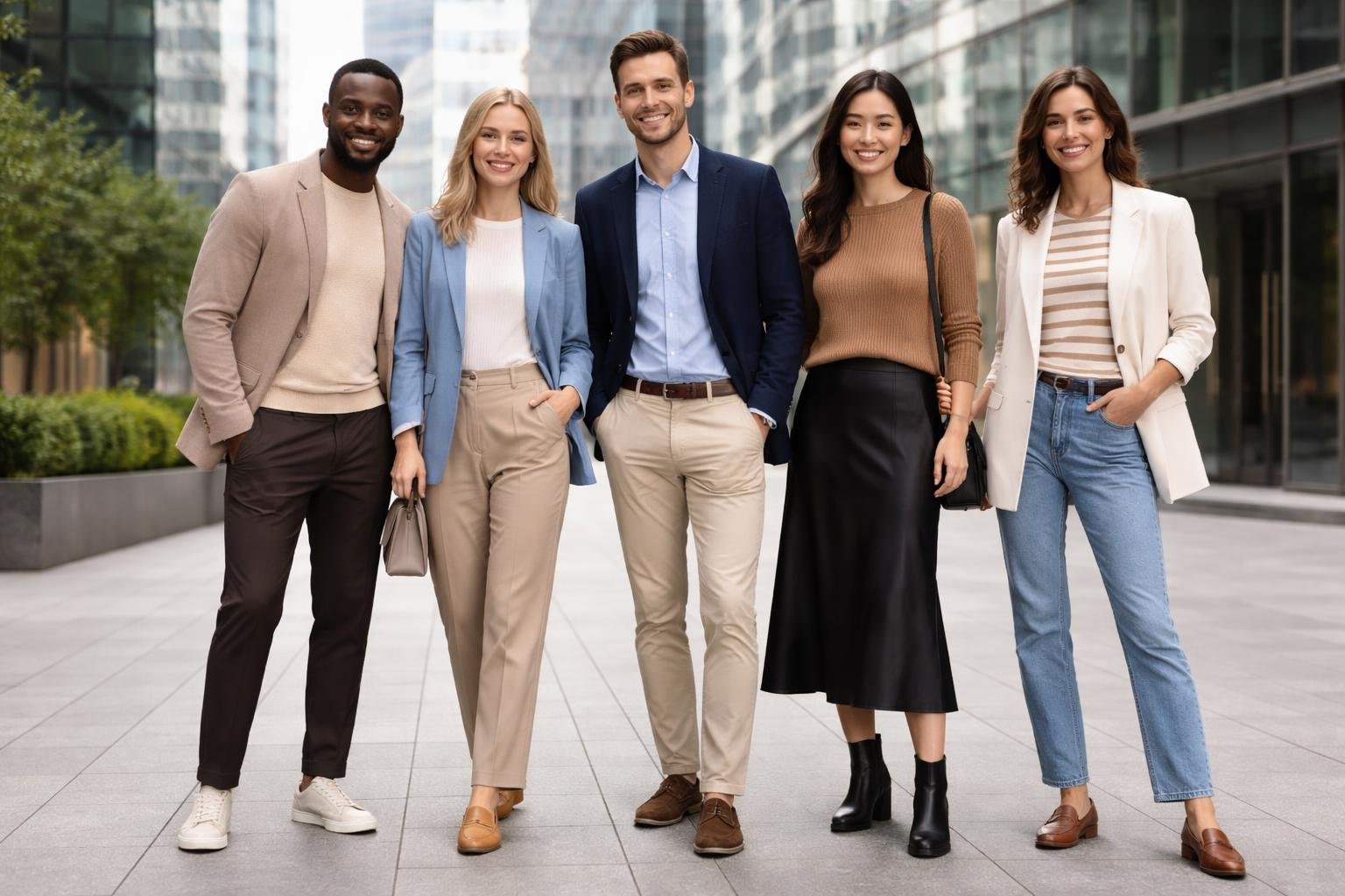 Five adults wearing smart casual clothes standing together outdoors in a city environment.