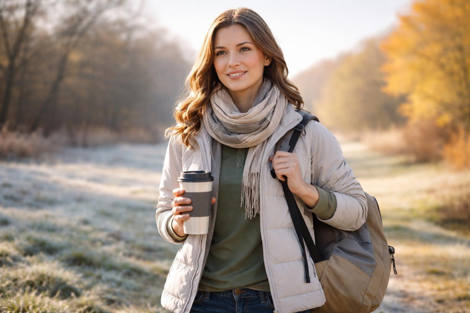 A young woman outdoors wearing layered clothes for cold morning and warm afternoon, holding a coffee cup and backpack, with a background showing frost and sunlight.