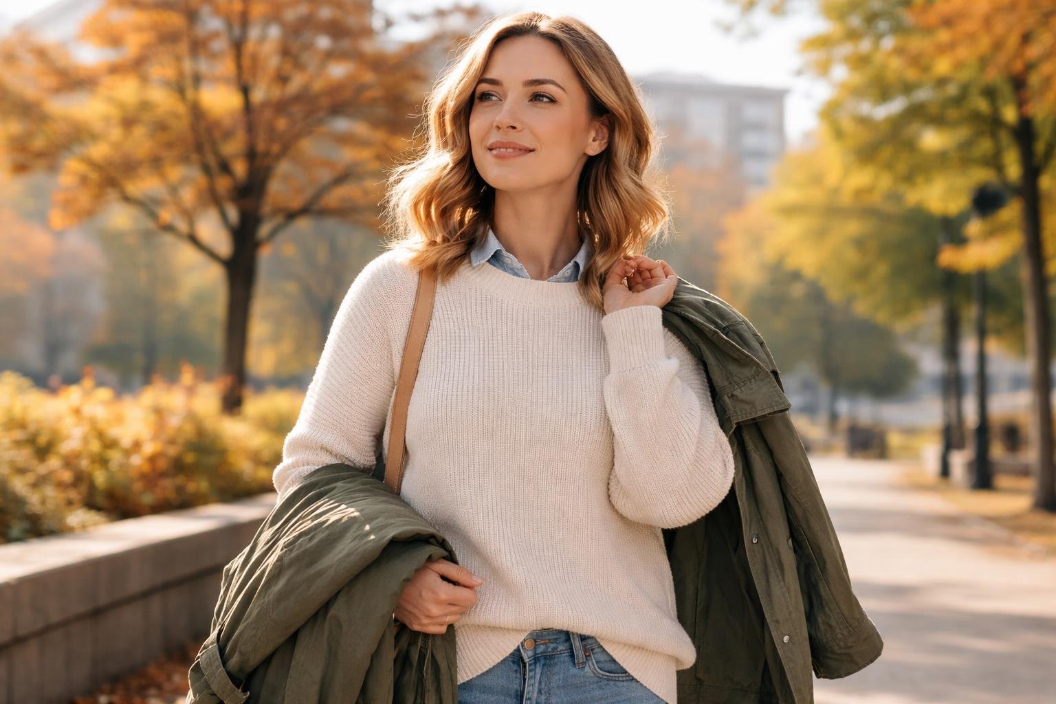 A young woman outdoors in autumn, wearing layered clothes and holding a jacket, standing in a park with colourful trees.