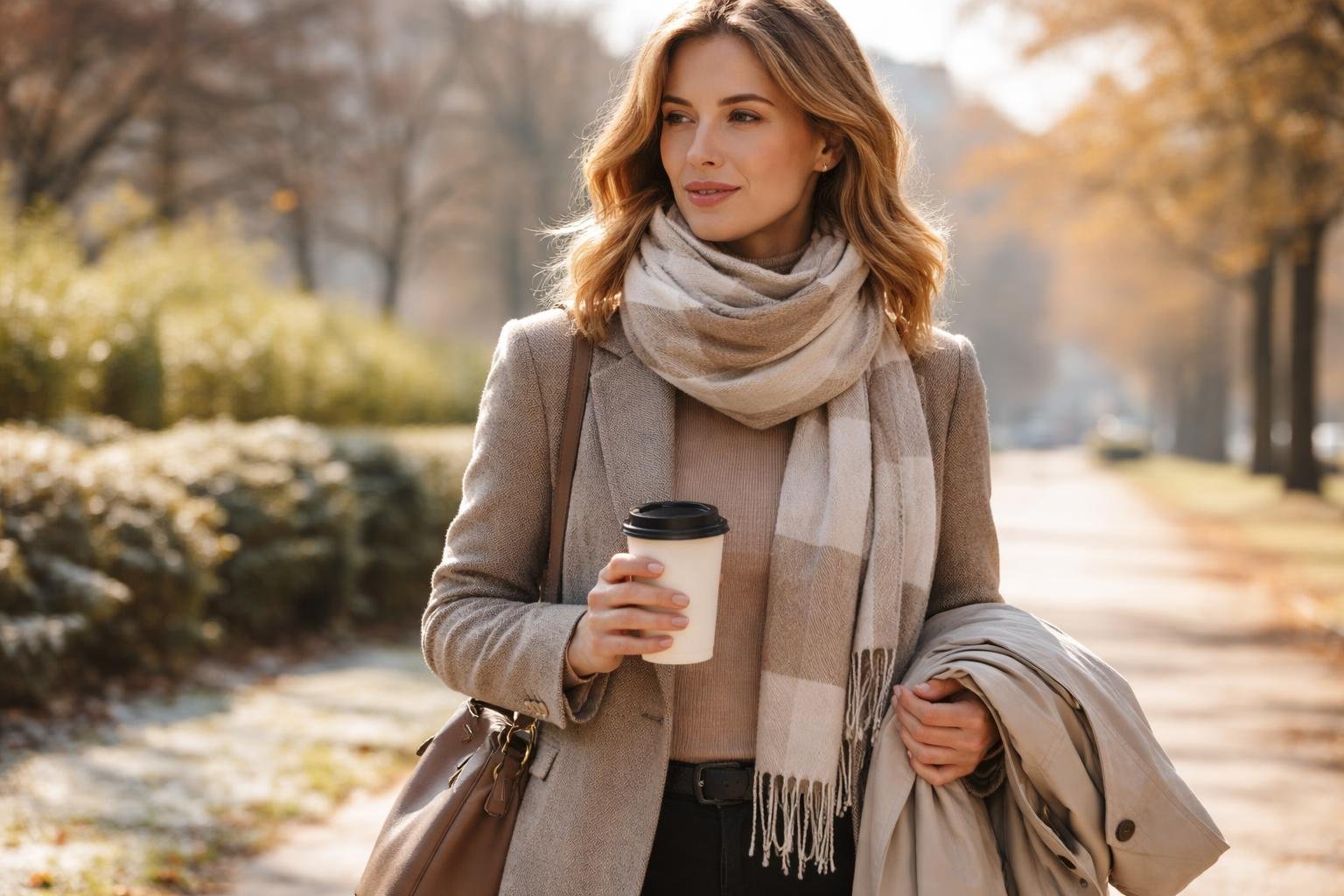 A woman outdoors wearing layered clothing suitable for cold mornings and warm afternoons, holding a coffee cup with a city background.