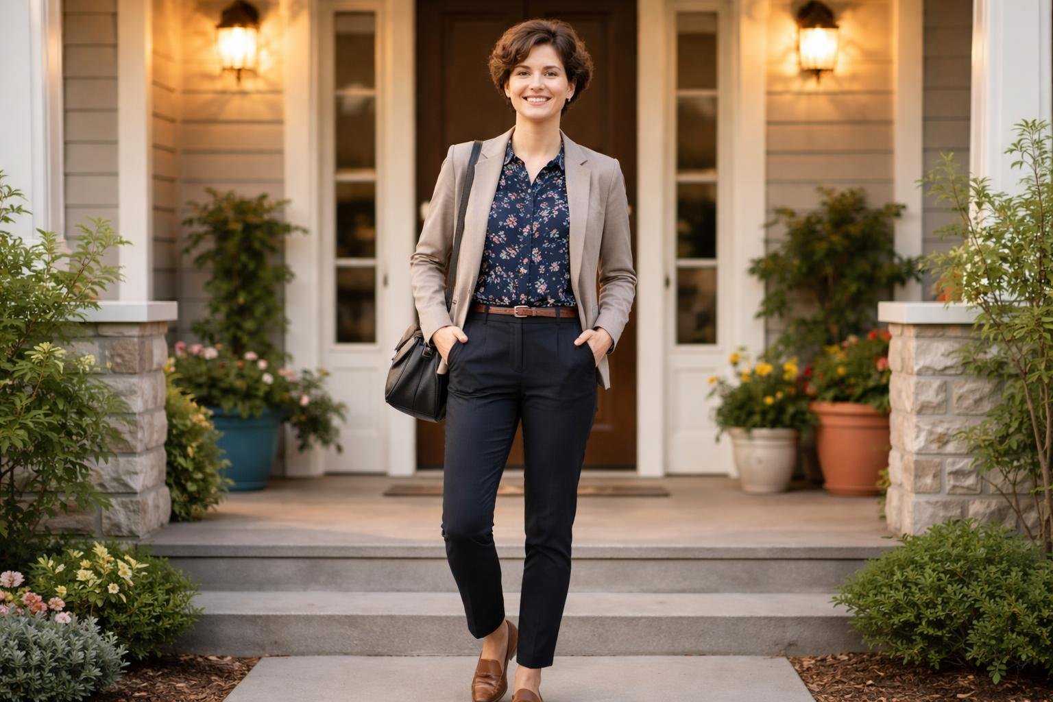 A young adult standing at the front door of a suburban house, smiling and dressed smartly.