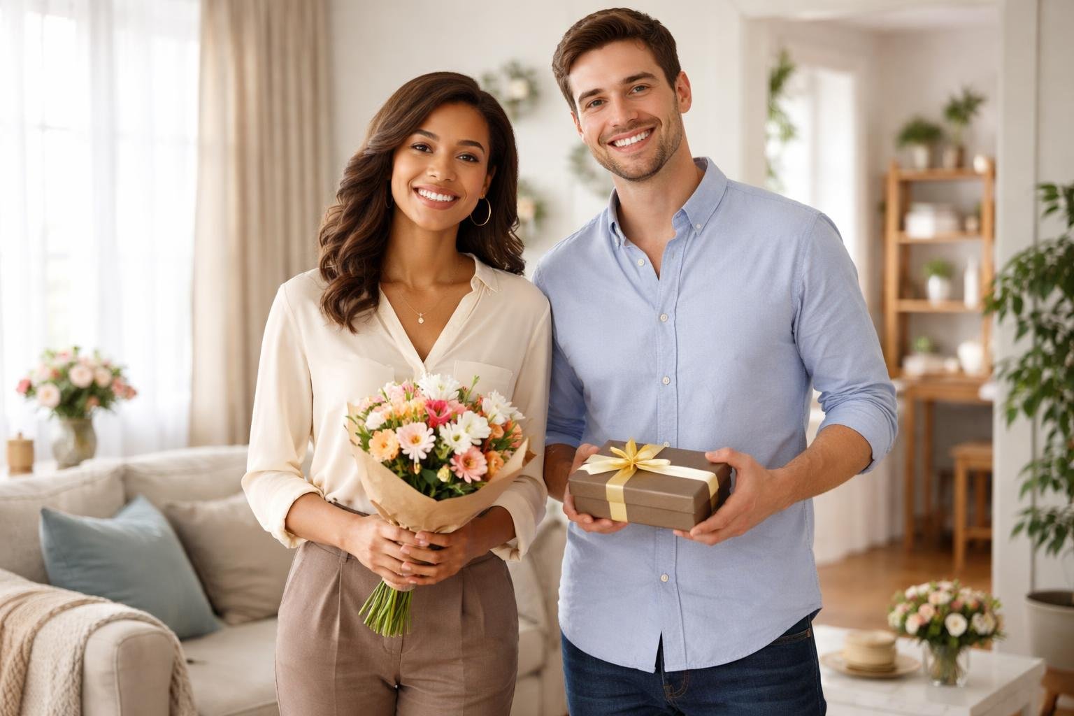 Three people in a living room, smiling and holding gifts, preparing to meet a partner's parents.