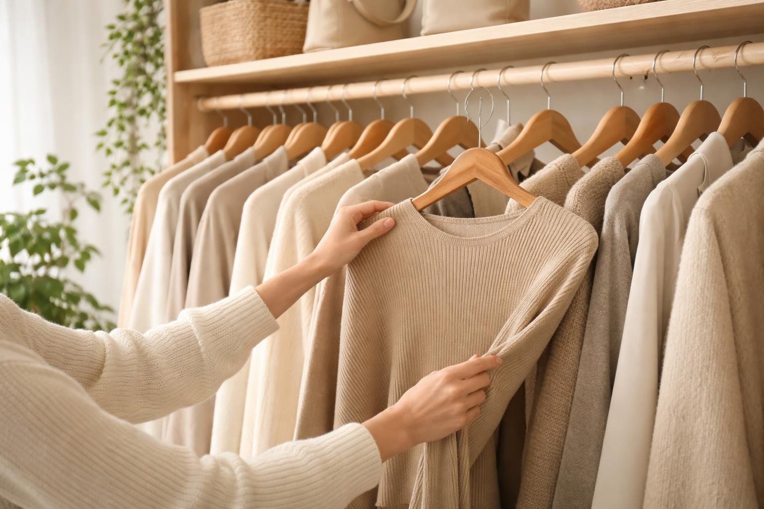 Hands selecting a beige sweater from a wardrobe filled with neutral-coloured clothes in a bright, organised room.
