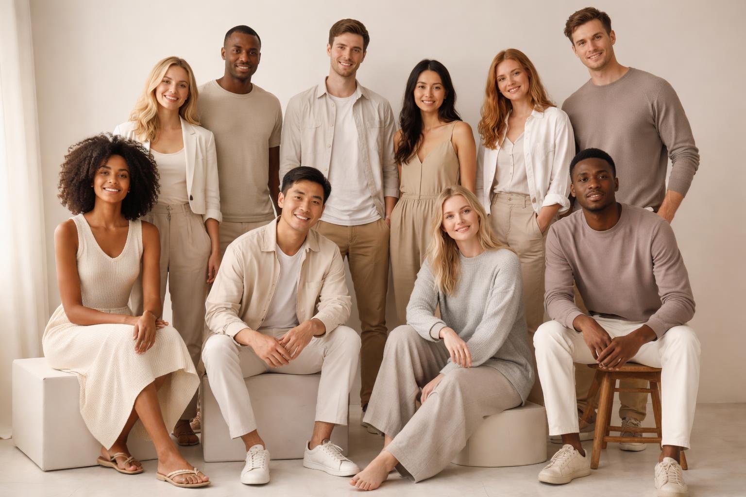 A group of people wearing different neutral-coloured clothes including white, cream, grey, and earth tones, standing and sitting together in a bright studio.