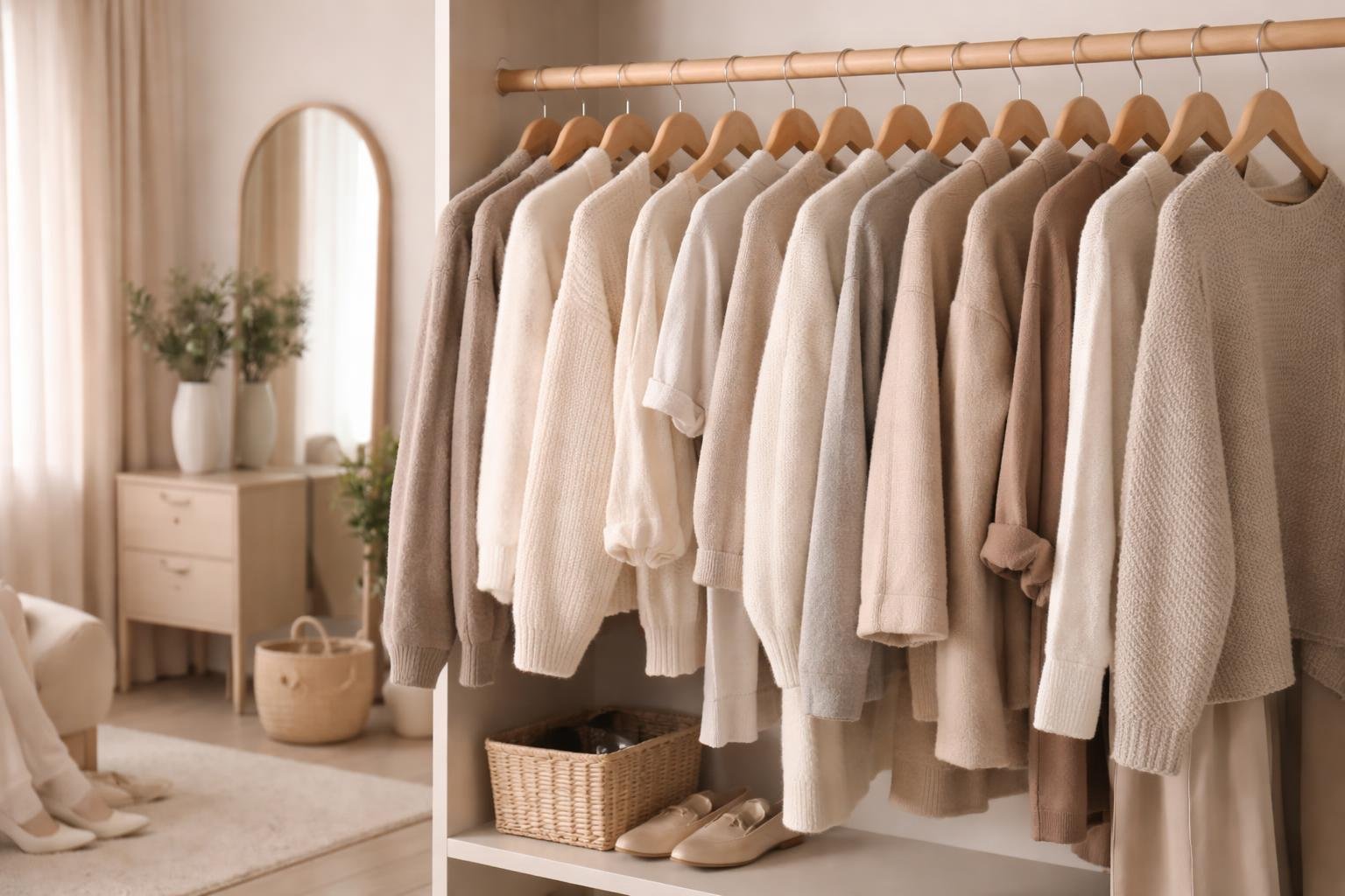 A wardrobe filled with neatly hung neutral-coloured clothes in beige, cream, grey, and brown tones, with a mirror and a plant in the background.