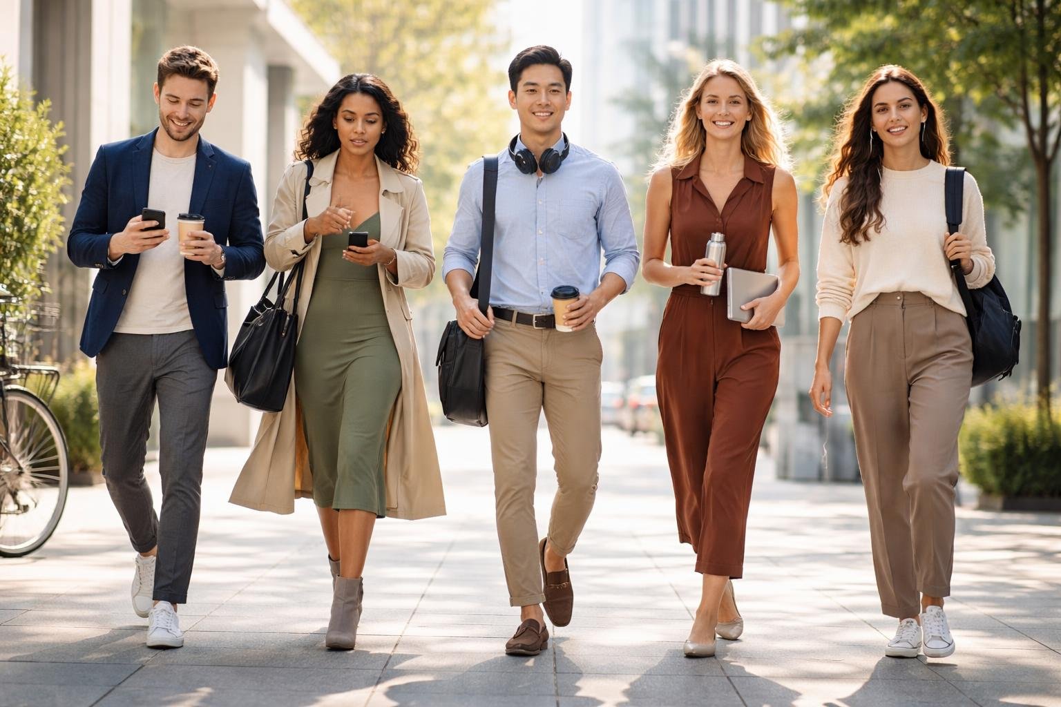 Five people standing outdoors in casual yet polished outfits, each holding everyday items like coffee, bags, or phones, looking confident and ready for the day.
