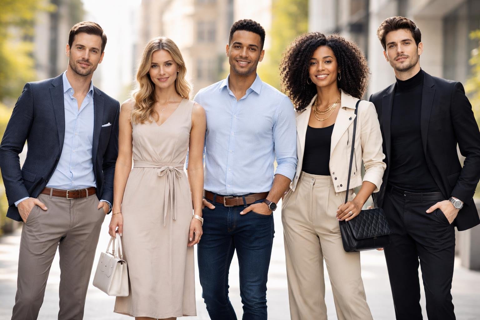 Five people standing outdoors wearing different stylish outfits, looking confident and ready for the day.
