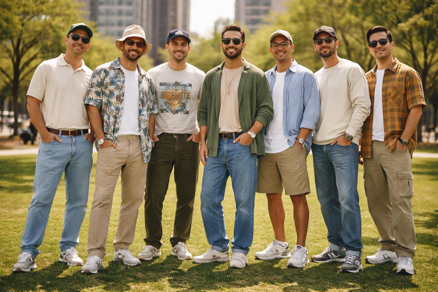 Seven men standing together in a park, each wearing different casual outfits and smiling or looking thoughtful.