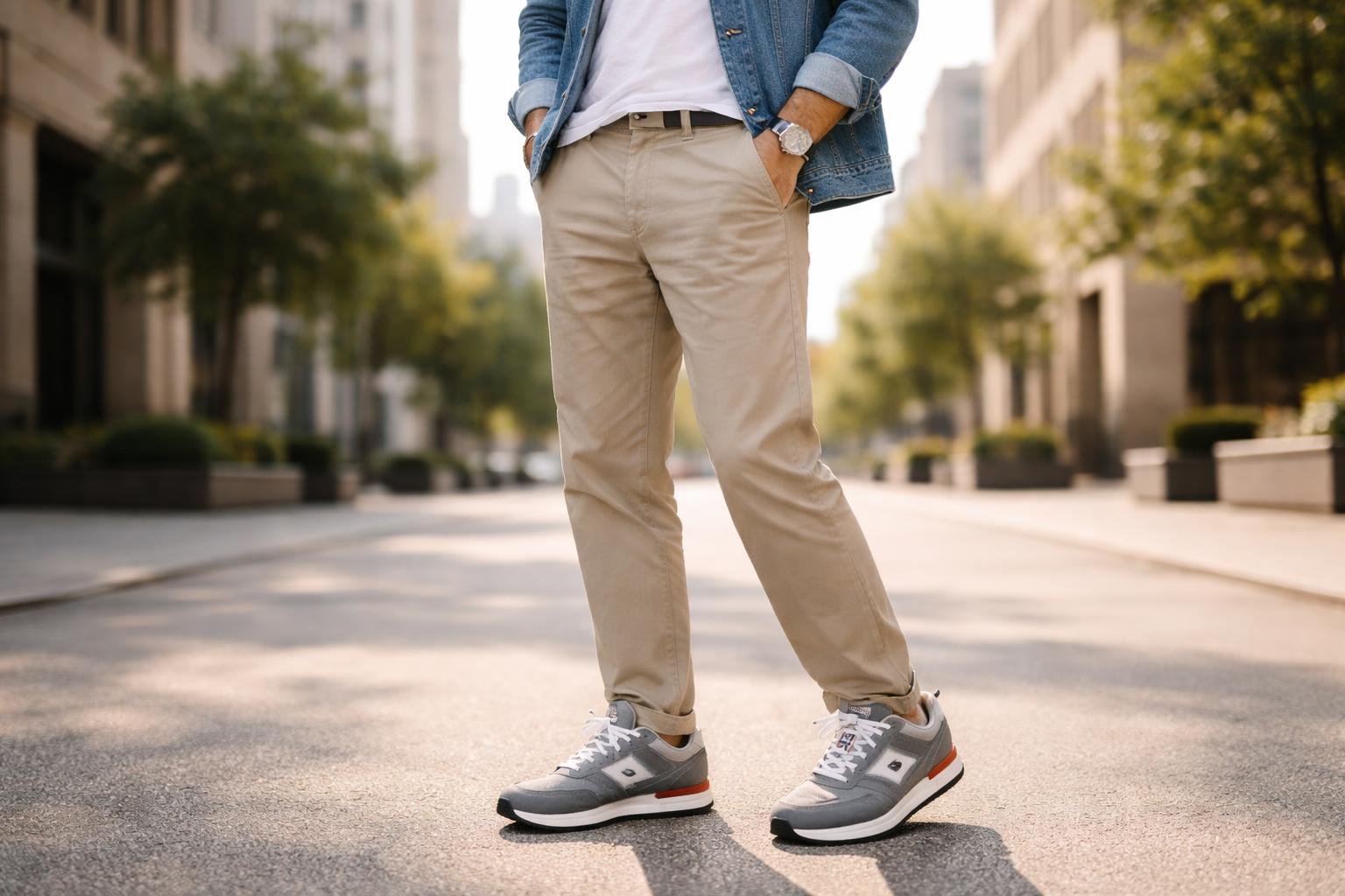 Person standing on a city street wearing beige trousers, a white t-shirt, a denim jacket, and grey retro sneakers.