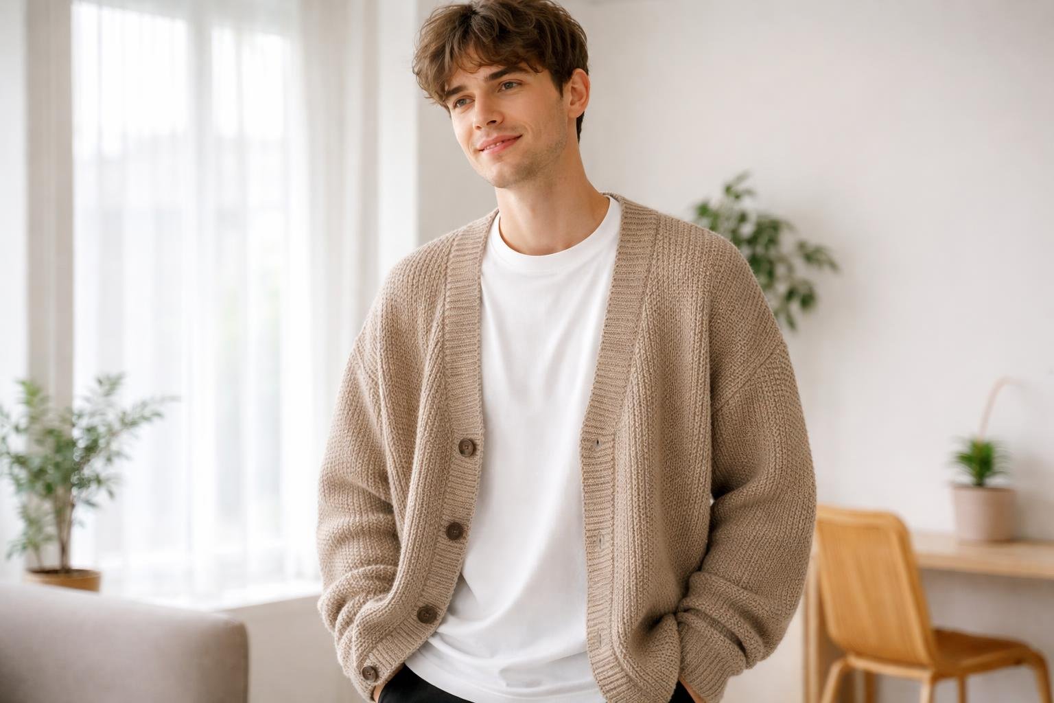 A young adult wearing an oversized cardigan layered over a plain t-shirt, standing indoors with natural light and a minimal background.