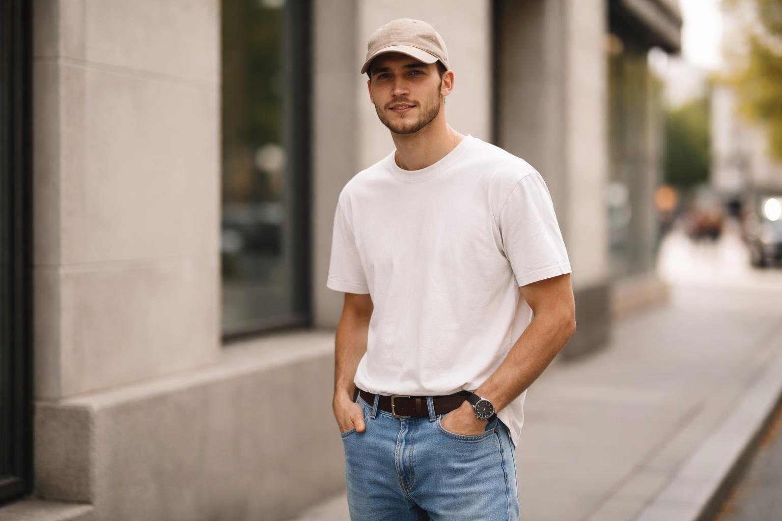 A young man wearing a neutral-coloured dad hat and casual clothing standing outdoors in an urban setting.
