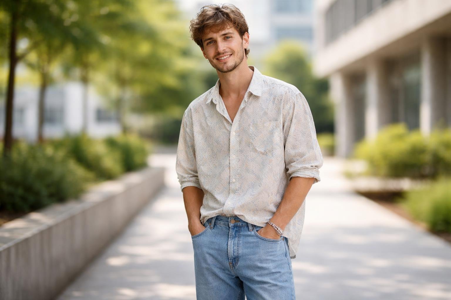 A young adult standing outdoors wearing loose jeans and a patterned button-down shirt, smiling with one hand in their pocket.