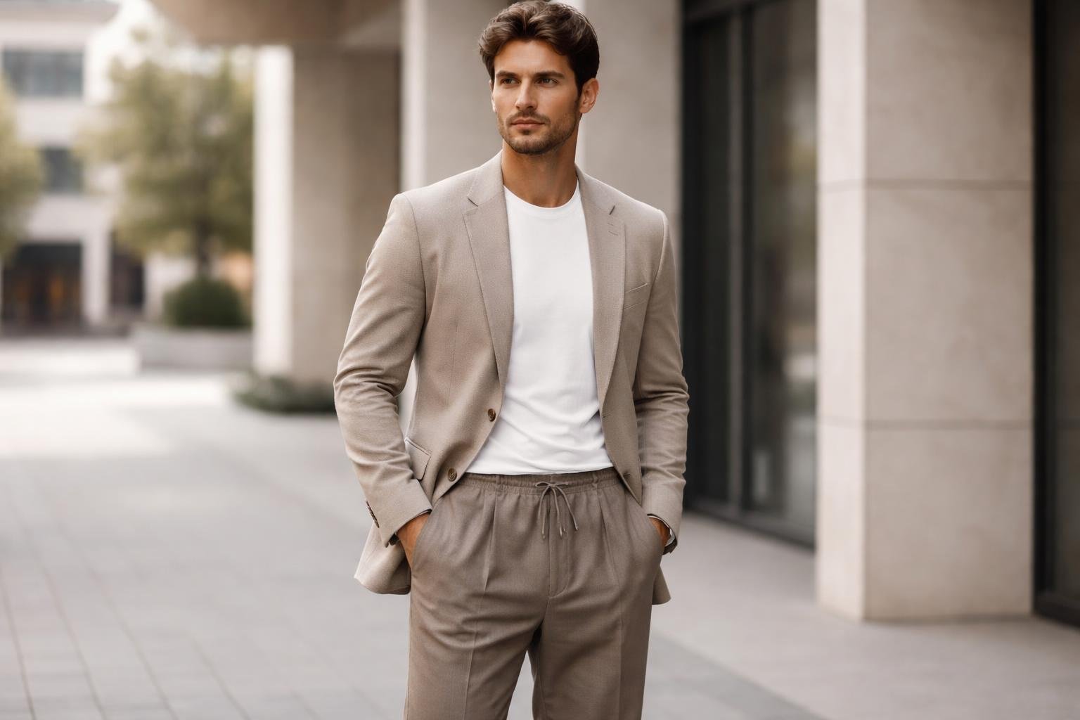 A man wearing a tailored blazer and relaxed trousers standing confidently in an urban setting.