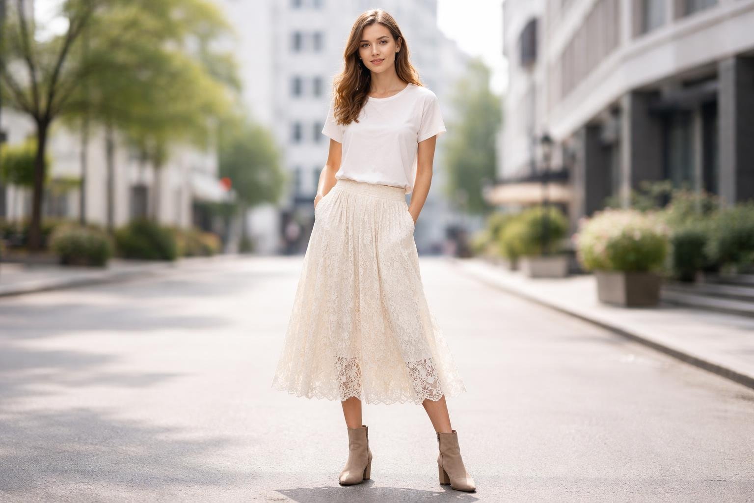 A young woman standing on a city street wearing a lace-trimmed midi skirt, a loose cotton T-shirt, and ankle boots.