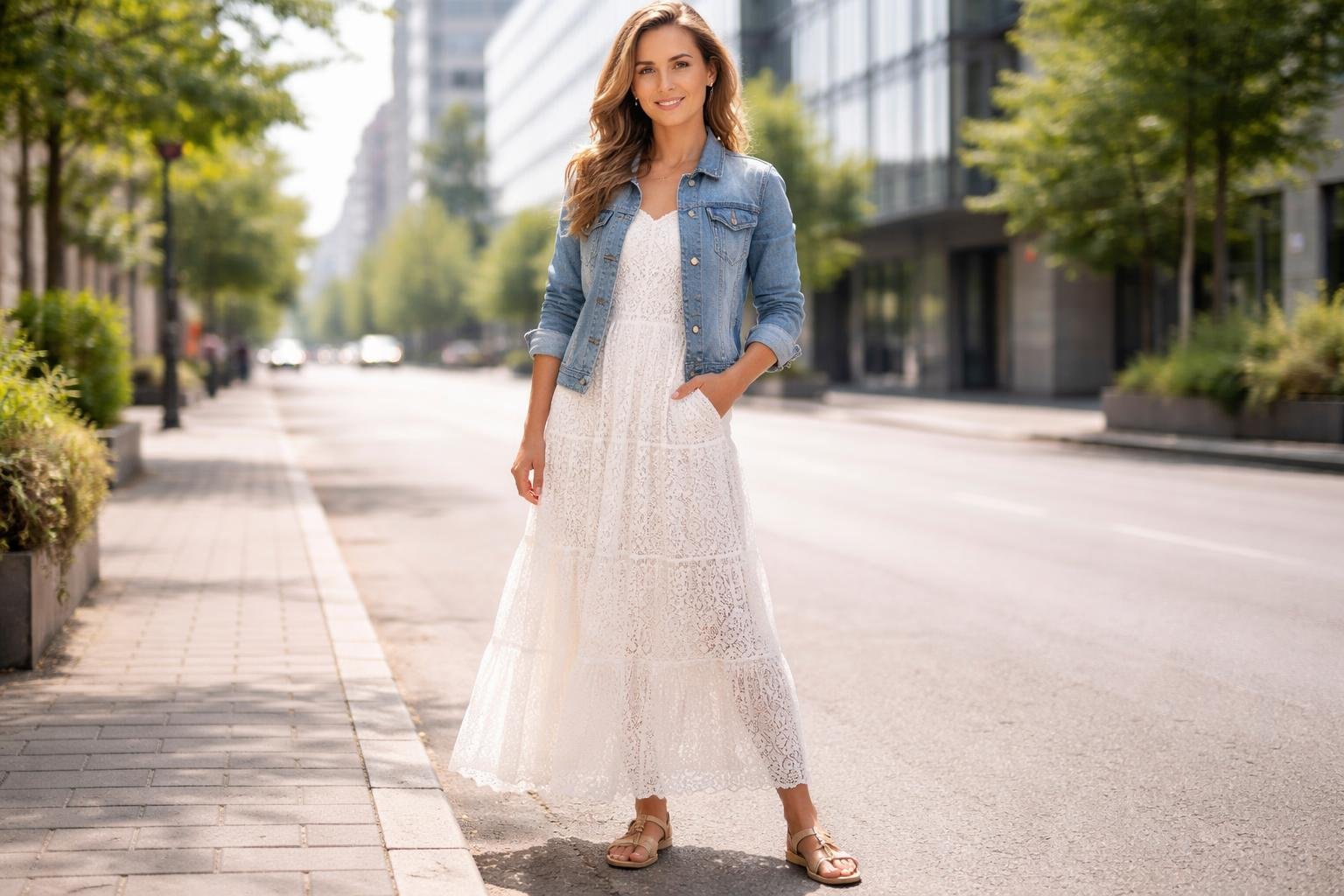 A young woman standing on a city street wearing a long white lace dress, a denim jacket, and sandals.