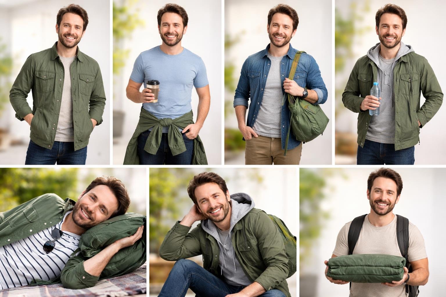 A man demonstrating seven different ways to wear or use a green utility jacket in a series of clear, well-lit scenes.