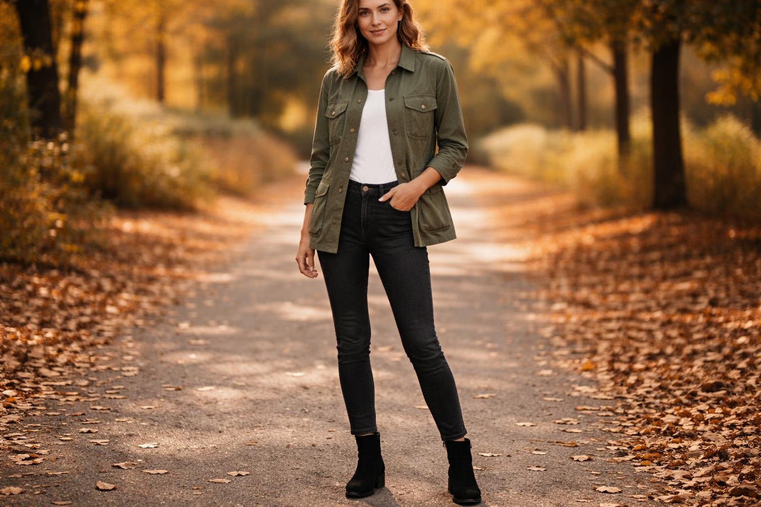 Person wearing a green jacket, black jeans, and ankle boots standing outdoors with autumn leaves on the ground.