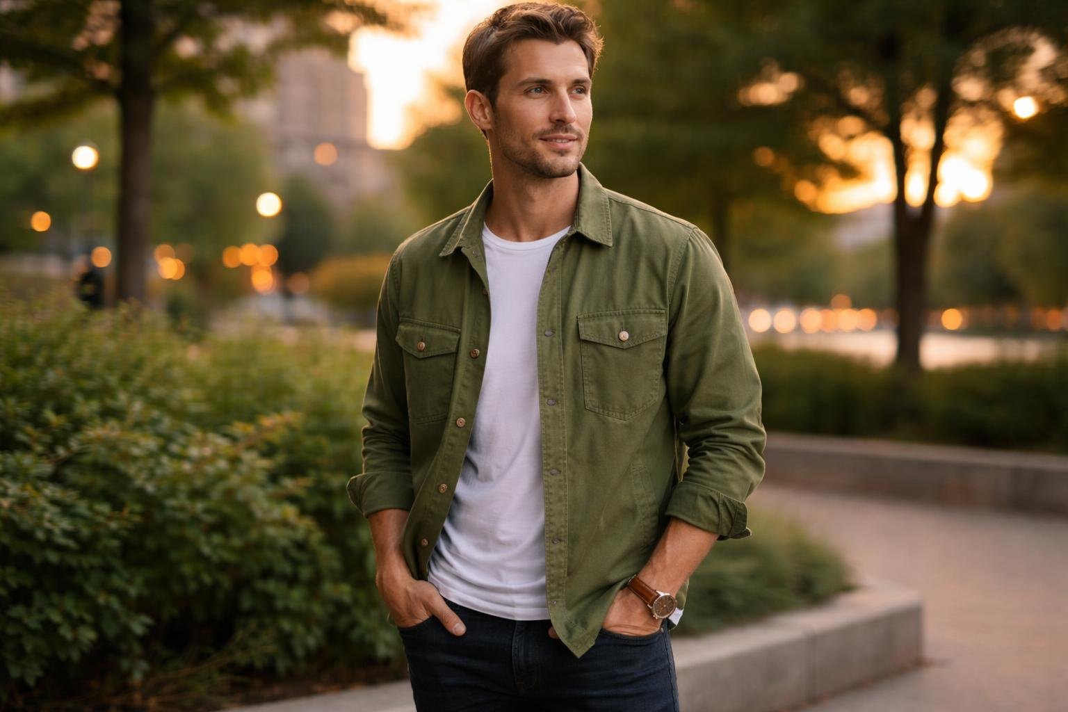 A man wearing a green jacket stands outdoors in a park at sunset with trees and buildings in the background.