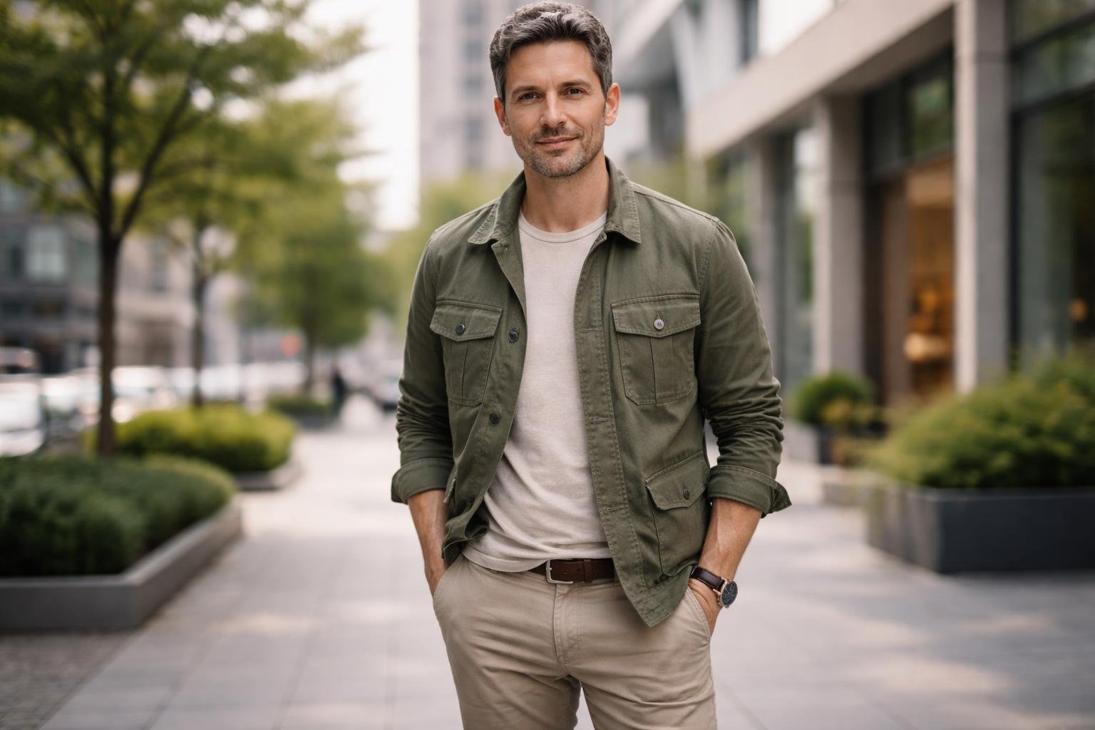 A man wearing a green jacket and neutral-coloured trousers stands outdoors in a city setting, smiling gently.
