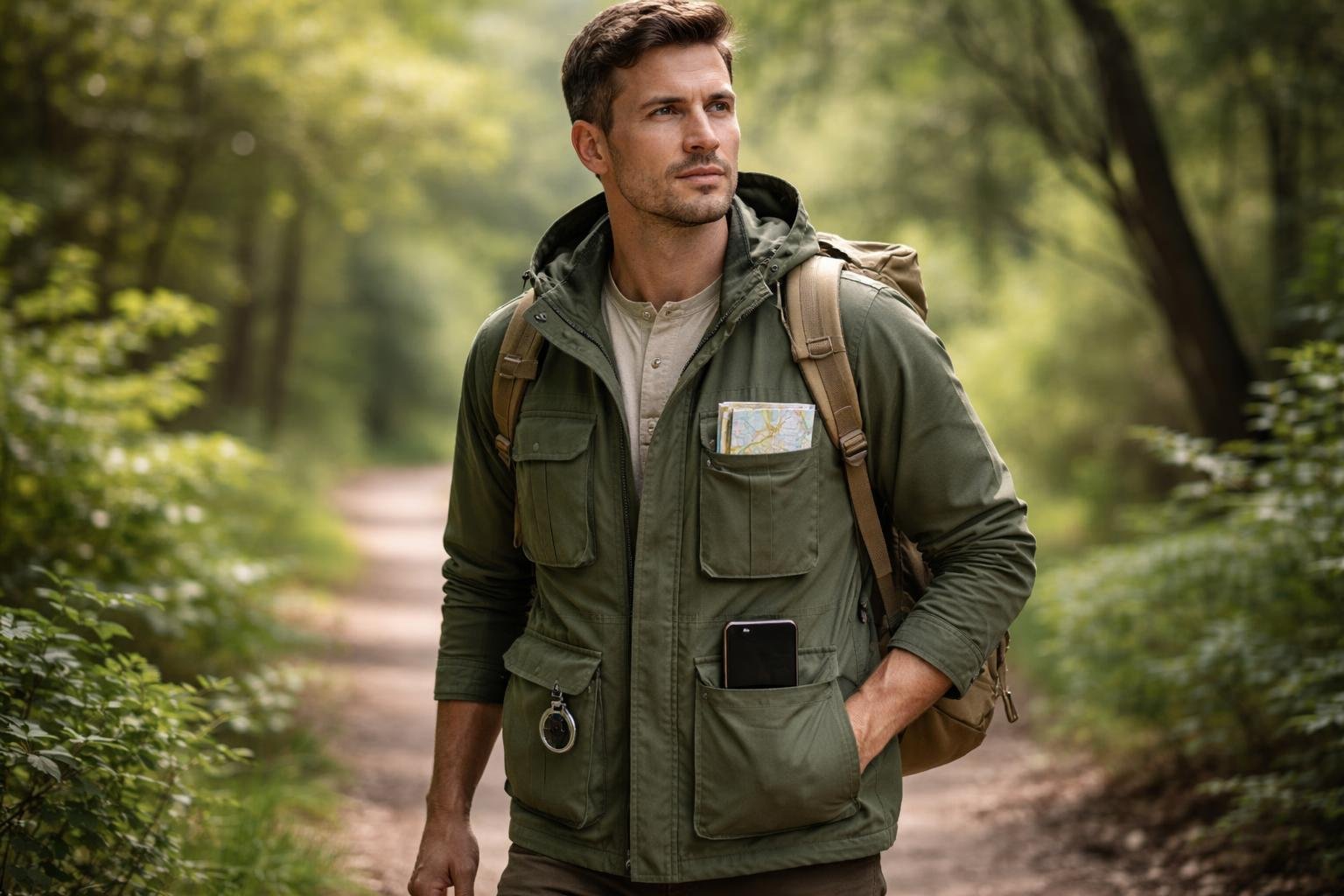 A man outdoors wearing a green jacket with multiple pockets, standing in a forested area surrounded by greenery.