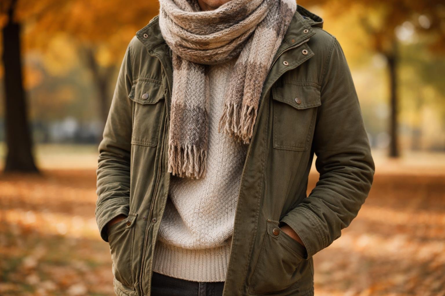 Person wearing a green jacket, knitted scarf, and sweater standing outdoors with autumn leaves in the background.