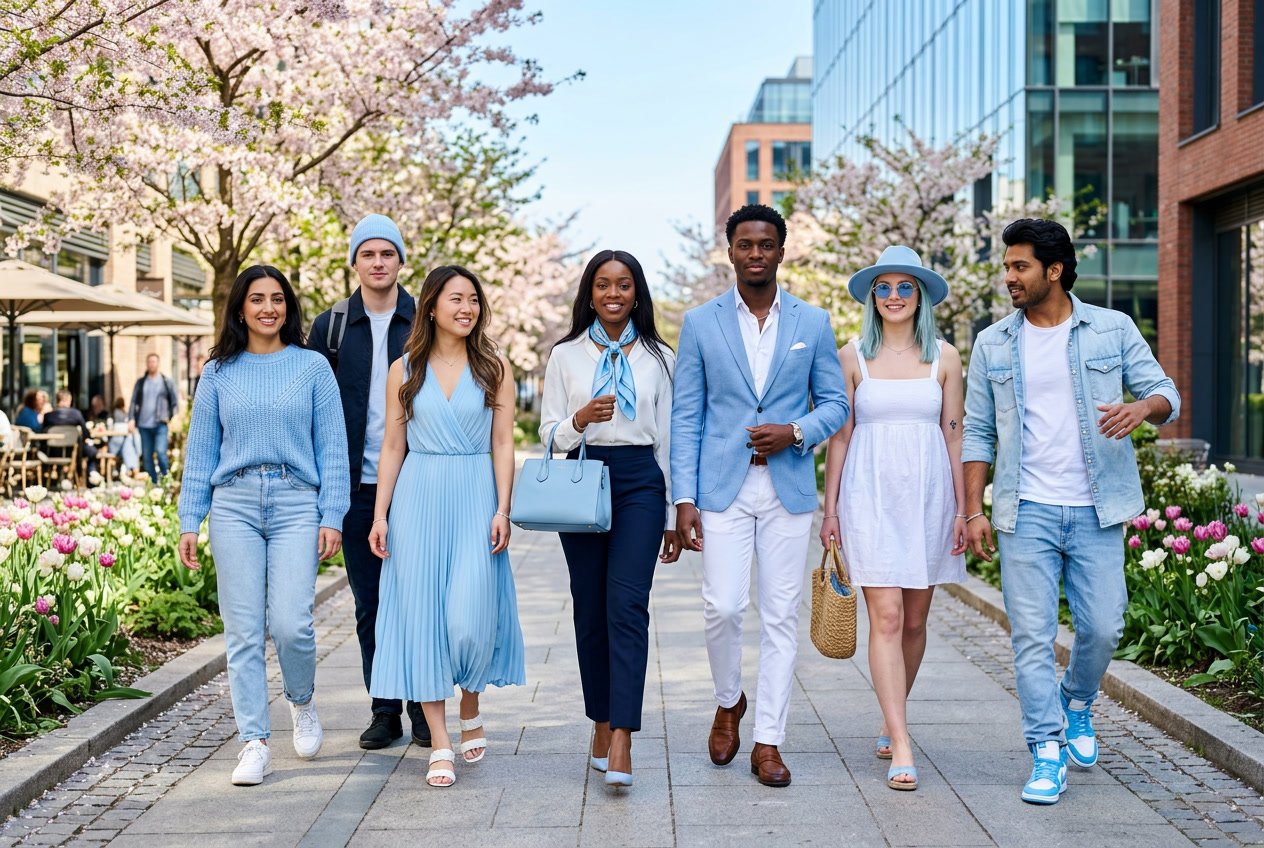 Seven people outdoors wearing different spring outfits featuring the colour icy blue, standing and smiling in a bright urban setting with flowers.
