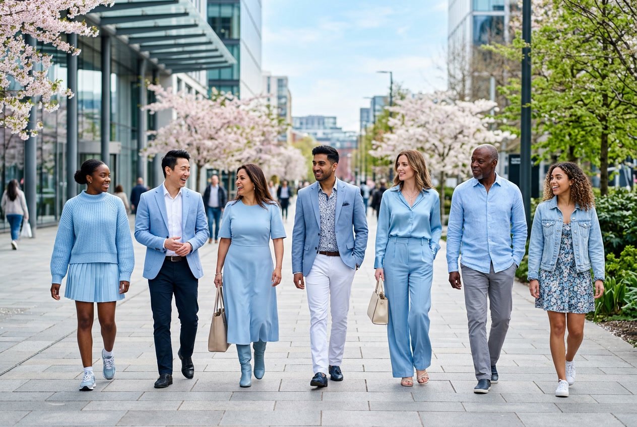 Seven people wearing different icy blue outfits standing outdoors in a spring city setting.