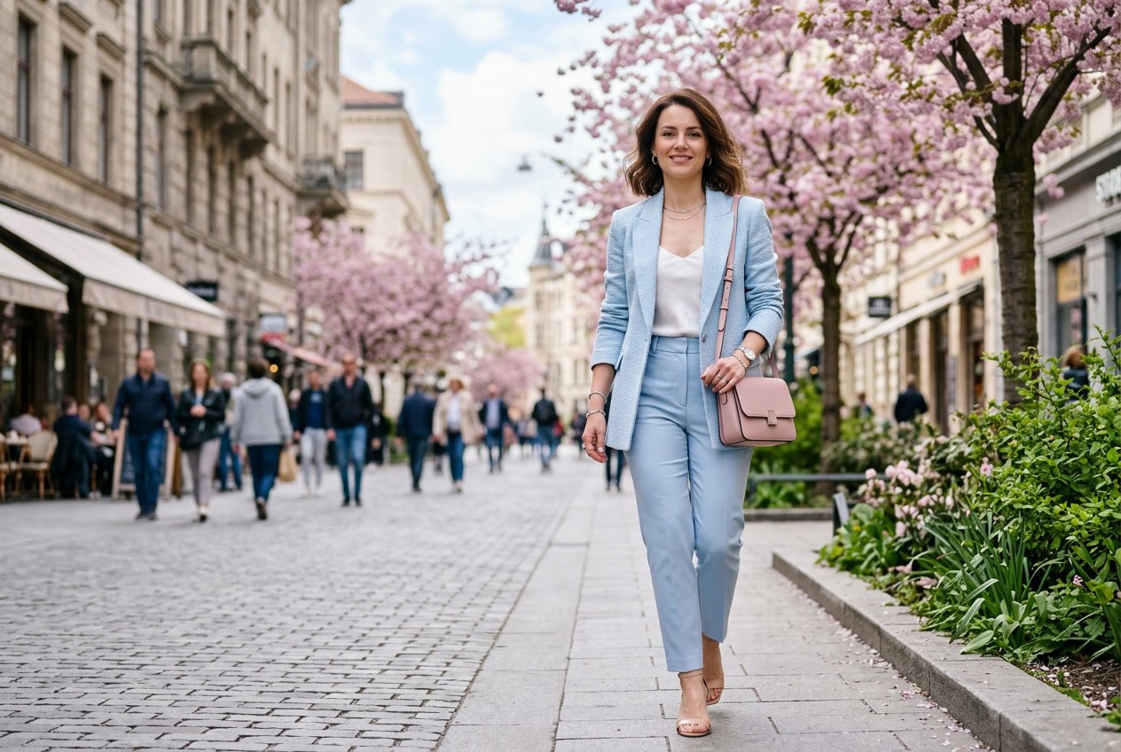 A woman wearing an icy blue blazer stands on a city street with spring blossoms and greenery around her.