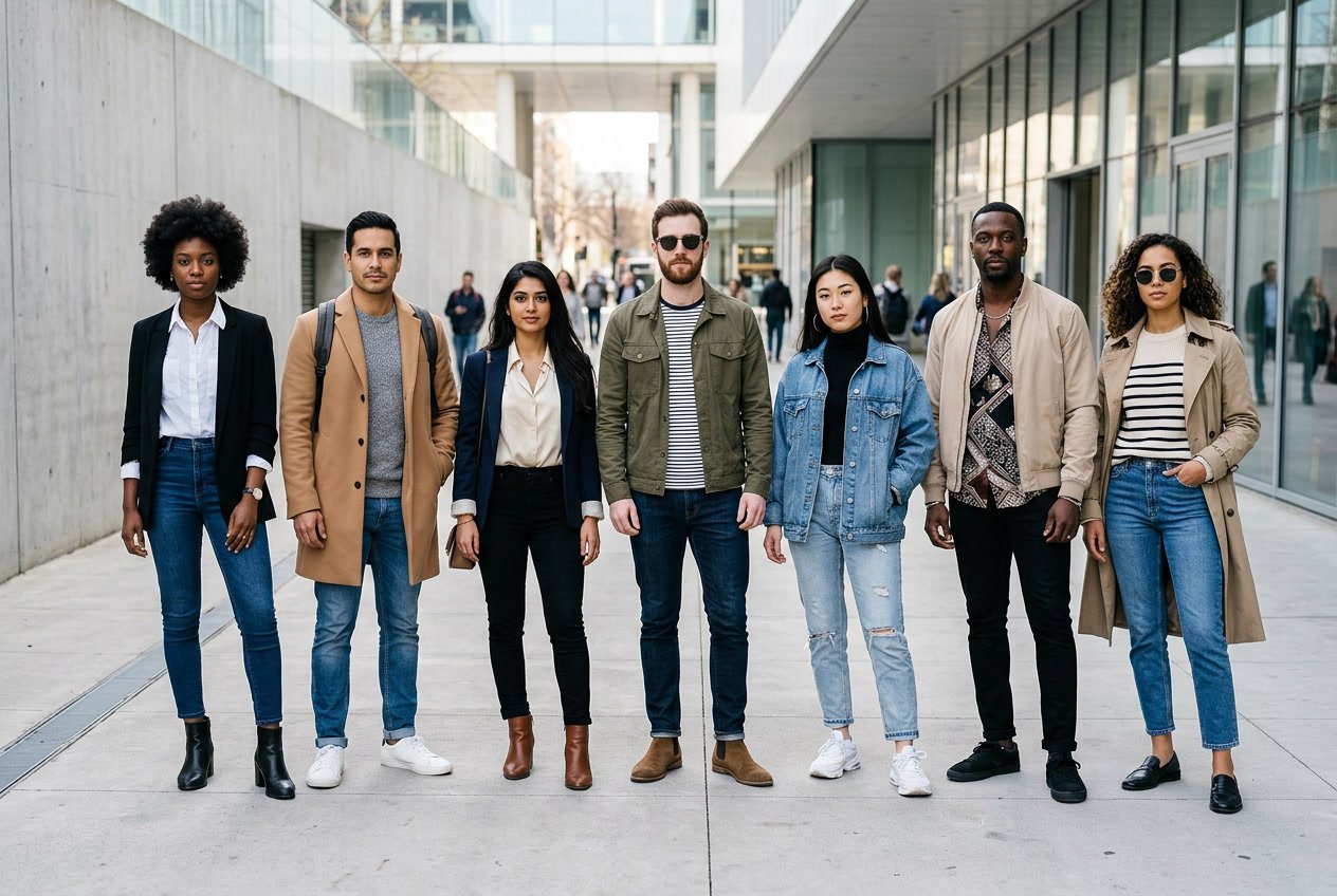 Seven people standing outdoors in a city setting, each wearing slim-fitting jeans and different outfits, posing confidently.