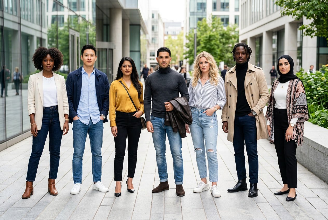 Seven people standing outdoors in a city setting, each wearing slim jeans and different outfits, posing confidently.