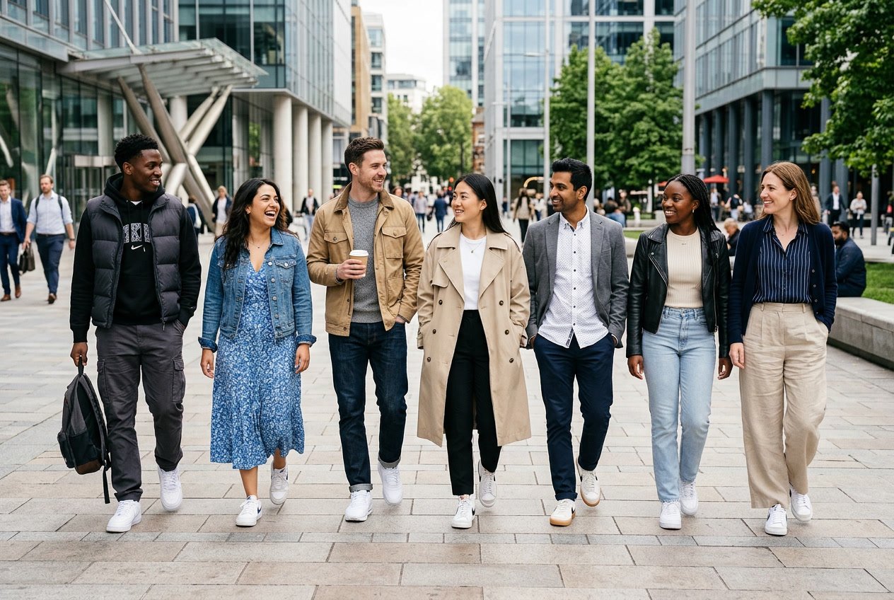 Seven people in a city setting wearing white Nike sneakers paired with various casual and smart outfits.