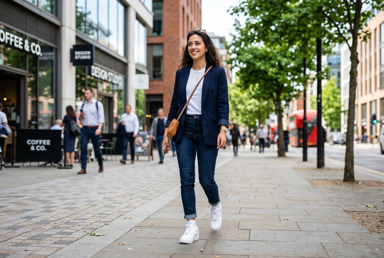 A person wearing white Nike sneakers with casual smart clothing standing on a city sidewalk with buildings and trees in the background.