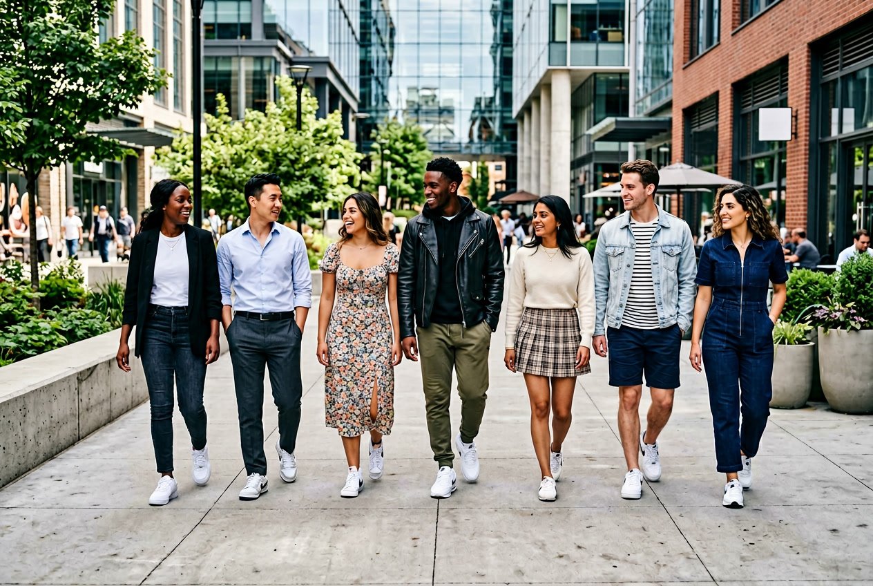 Seven people standing outdoors wearing white Nike sneakers with different casual outfits.