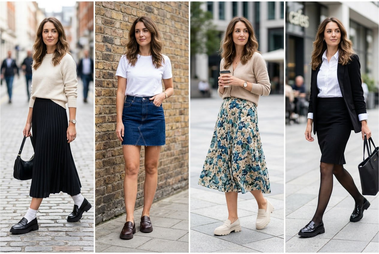 A woman wearing chunky loafers with different skirts, shown in an urban outdoor setting.
