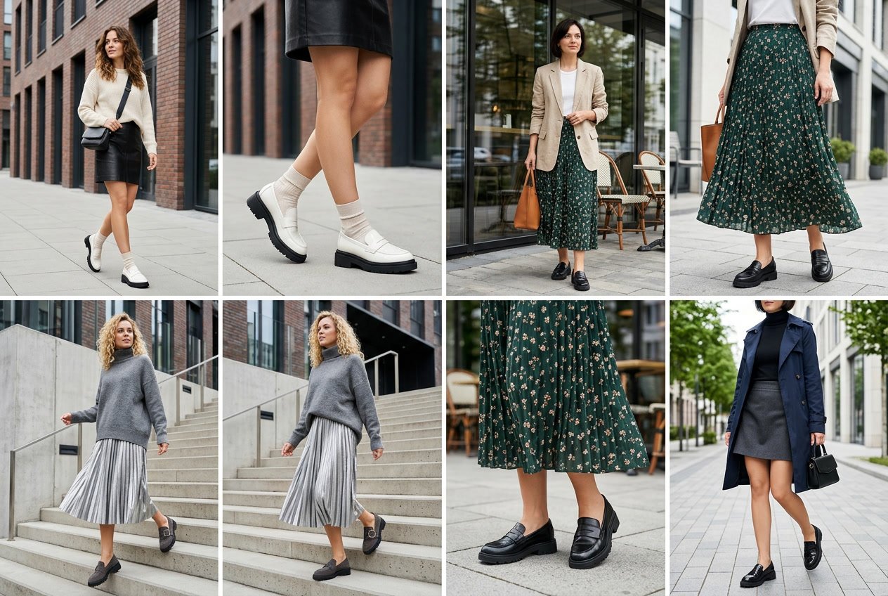 A woman wearing chunky loafers paired with different skirts in an urban outdoor setting.