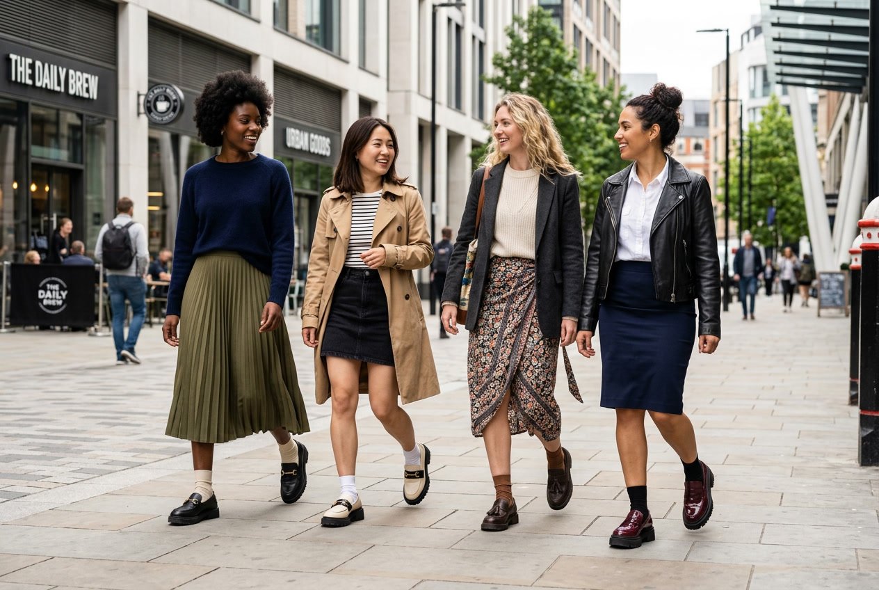 A group of women walking on a city sidewalk wearing chunky loafers paired with different styles of skirts.
